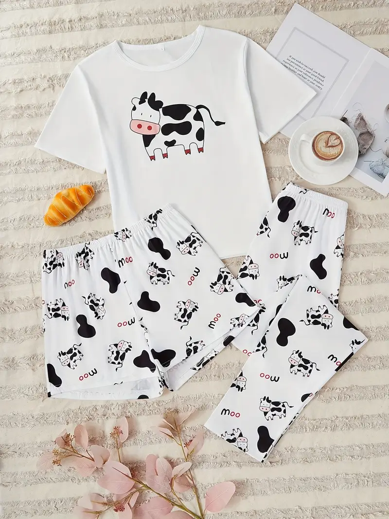 Super Cute Cow Print Pajama Set For Women - Comfy Short Sleeve Sleepwear Top & Shorts