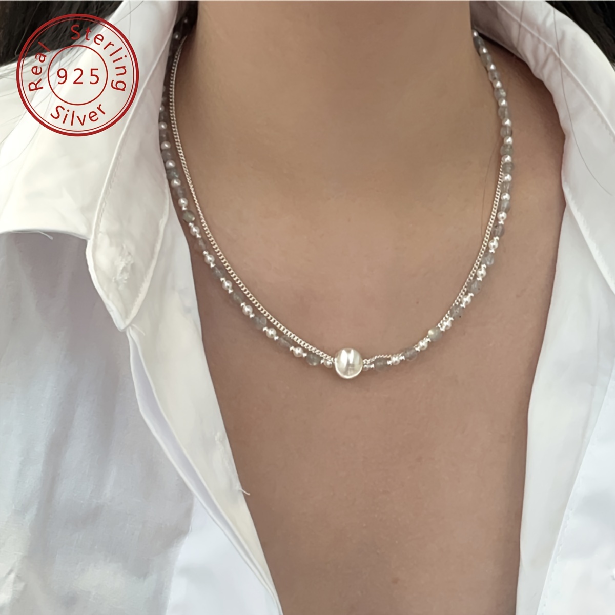 925 Sterling Silver Elongated Lime Moonlight Bead Necklace