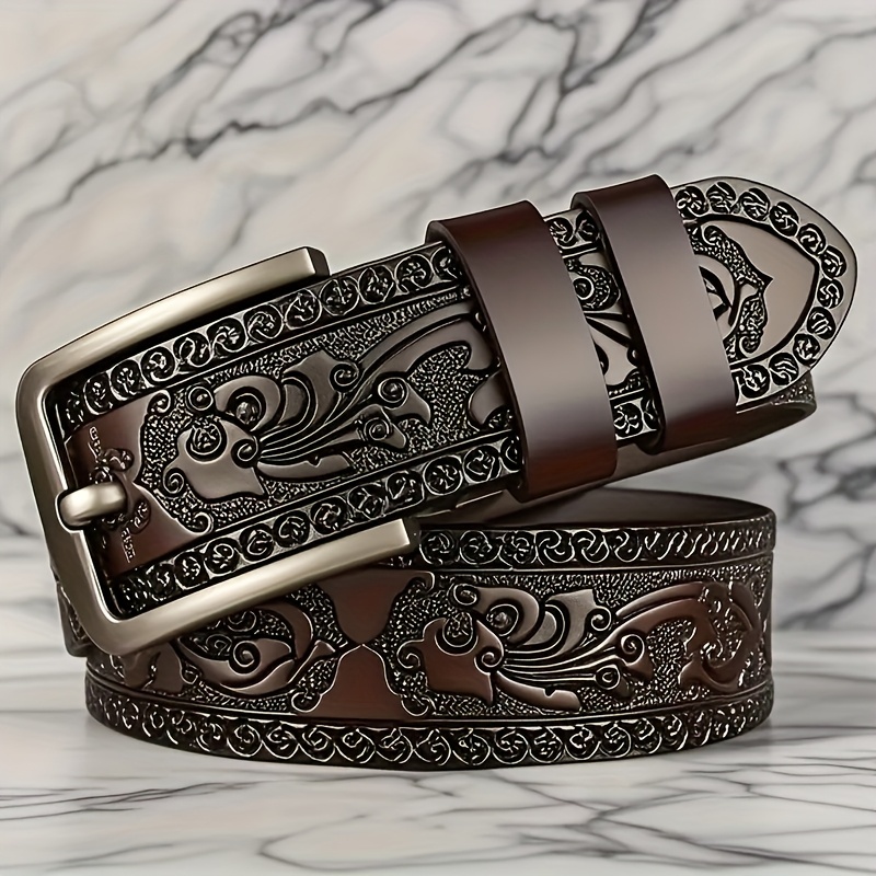 TEMU Men's Retro Premium Faux Leather Belt - Black And Brown Exquisitely Carved , Featuring A Secure Square Alloy , Comfortable And Durable, Suitable