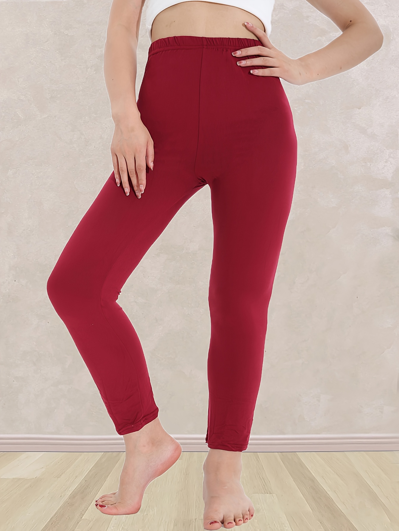 Plus Size, Plus Size Women's High-Waisted Leggings - 4-Way Stretch Elastic Waistband, Solid Black 7/8 Length Pants for, Casual & All-Season Wear - Machine Washable Apparel, Leggings, Versatile Clothing, Highelastic Waistband