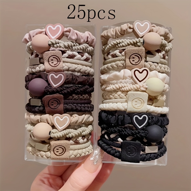 E-shop 25er Set Bohemian Style Haargummis für Damen - Niedliche Herz-Anhänger und Perlen, elastische Stirnbänder, passend für alle Frisuren, für