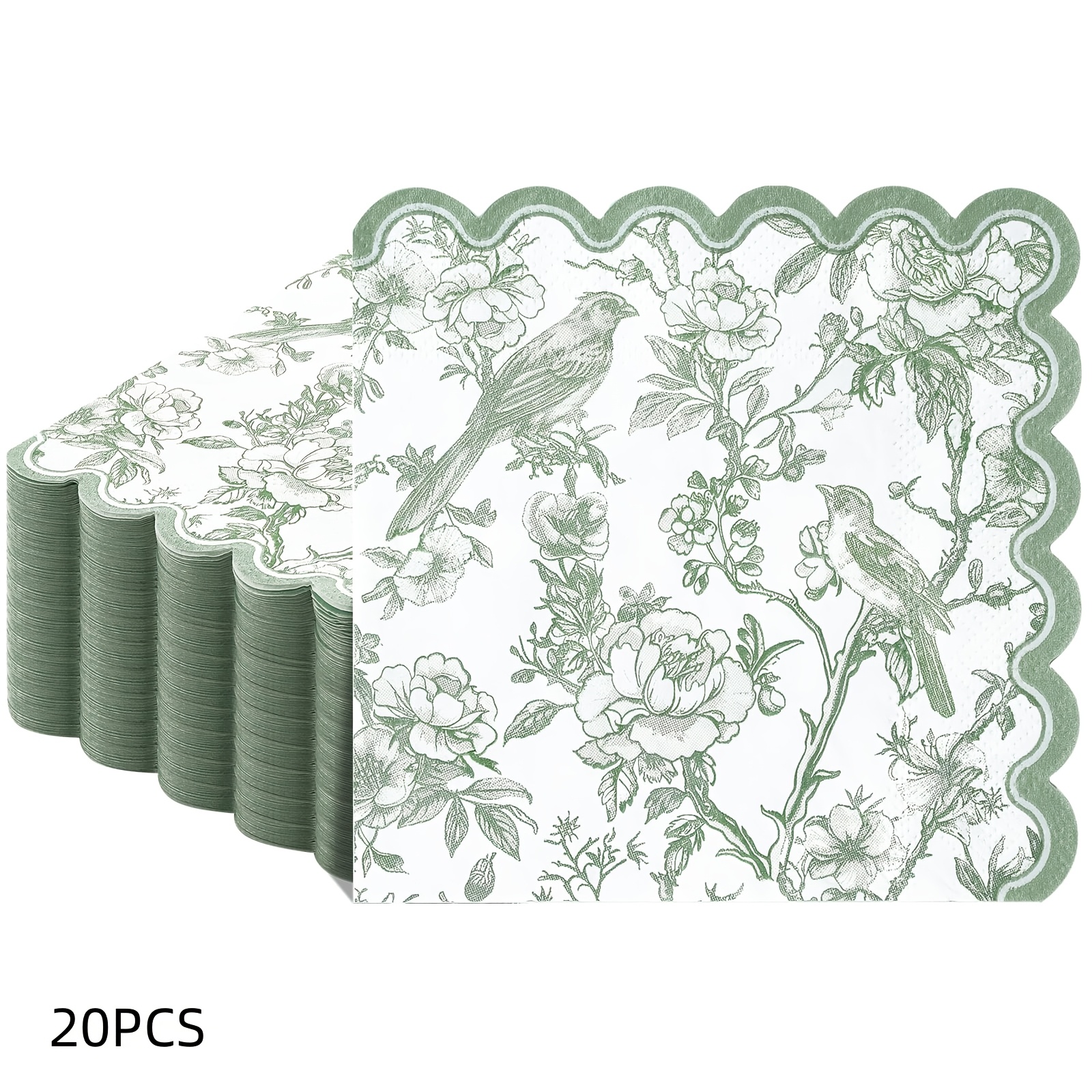 TEMU Lot de 20/40/80/100, Serviettes Florales Vert Sauge, Serviettes Florales Festonnées à Motif d'Oiseaux, Serviettes Jetables à Queue de Coq pour