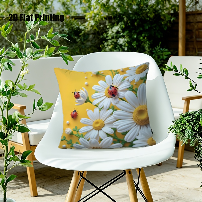 2D Flat,Terrace Cushion Cover,1pc 18X18 Inches Quare Pillow Cover, Ladybugs Rest on Daisies.,Decoration, Gifts,Valentine Festival Gifts,Outdoor Indoor,Garden Decoration, 2D Flat