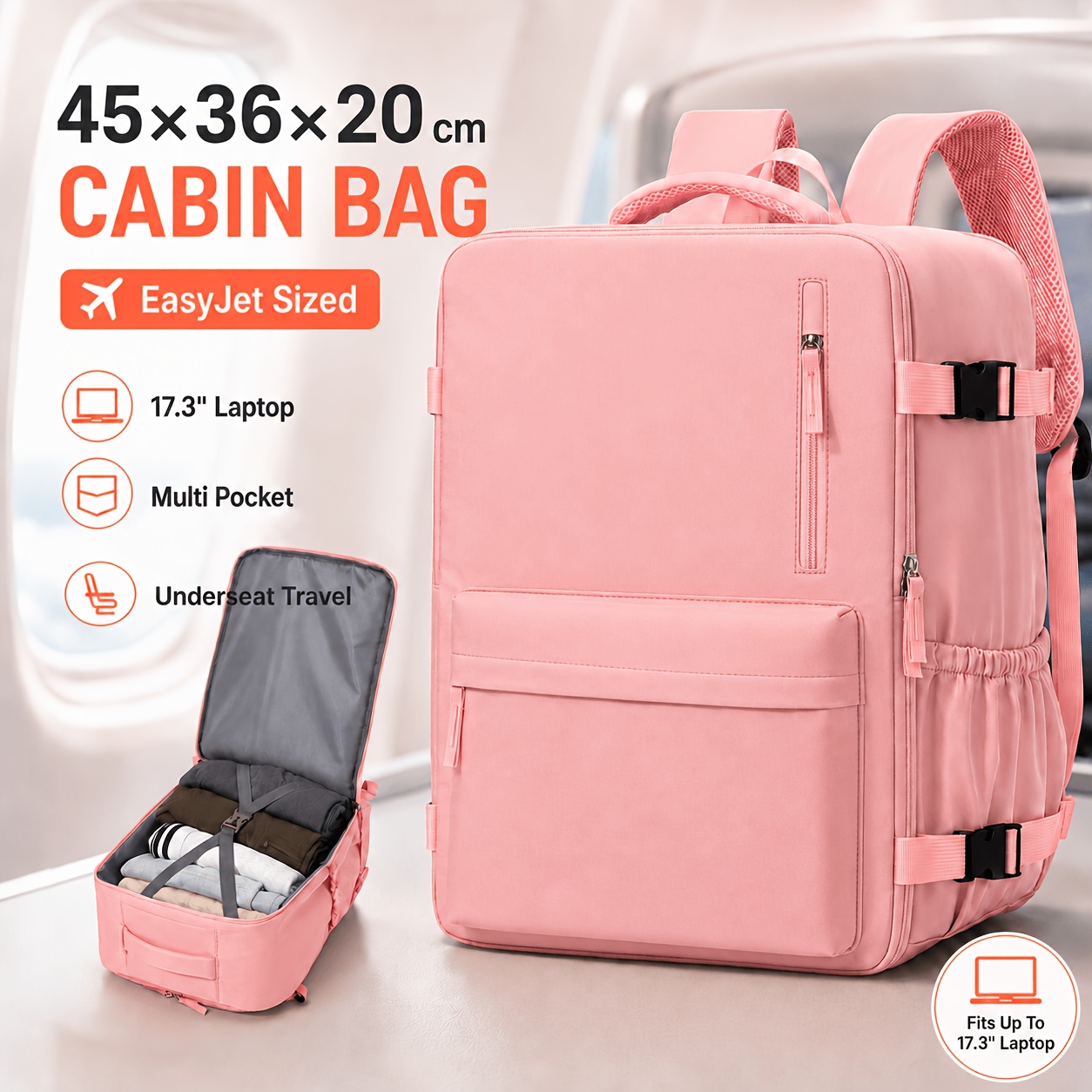 TEMU 32l Large Capacity Easyjet Cabin Backpack 45x36x20cm For Men And Women, Pink Cabin Carry-on Travel Backpack With Laptop Compartment To 17.3 Inch