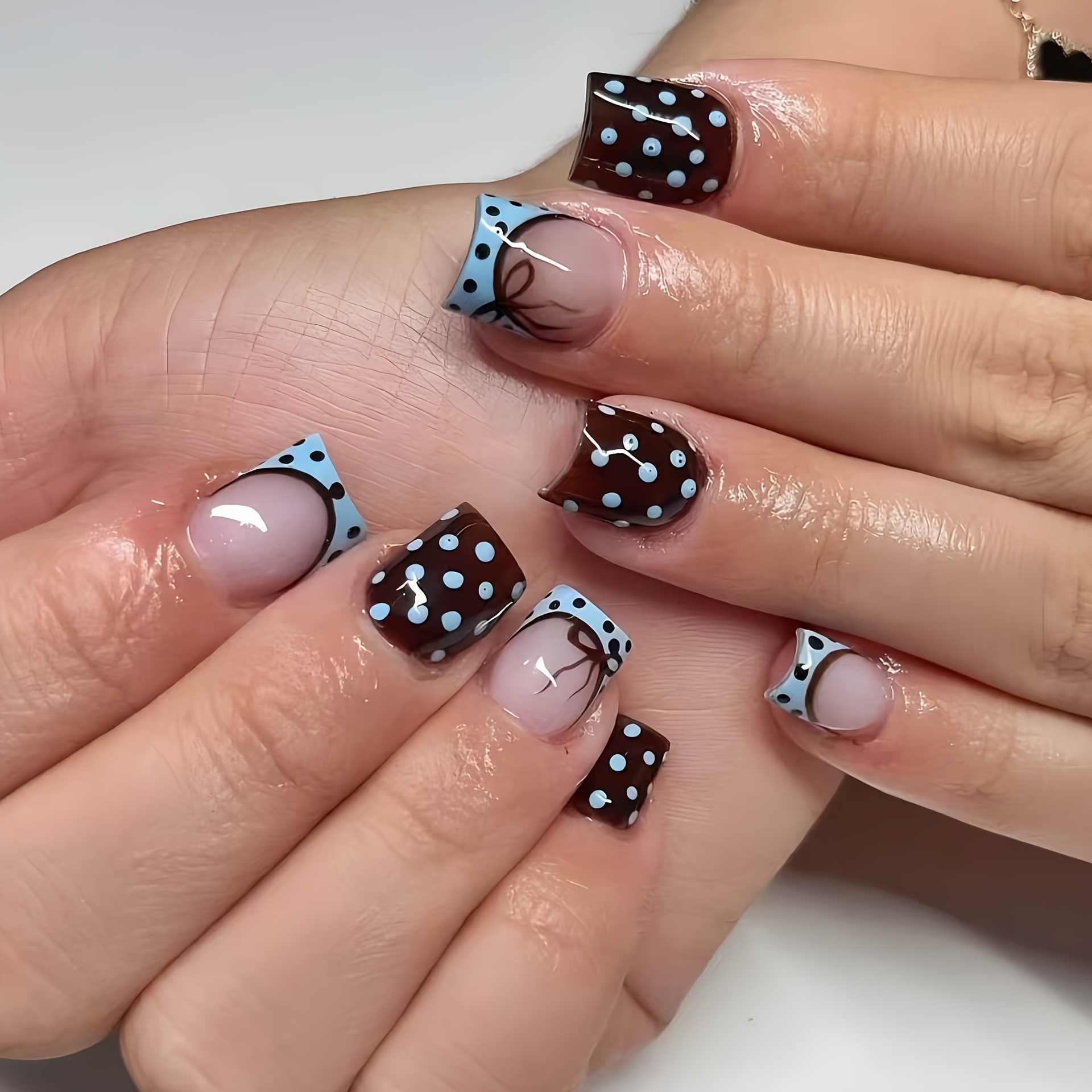 TEMU 24pcs Danartlux Short Square Press On Nails Suitable For Women - French Tip Polka Dot With Hand-painted Bow Accent, Glossy Full Cover Reusable