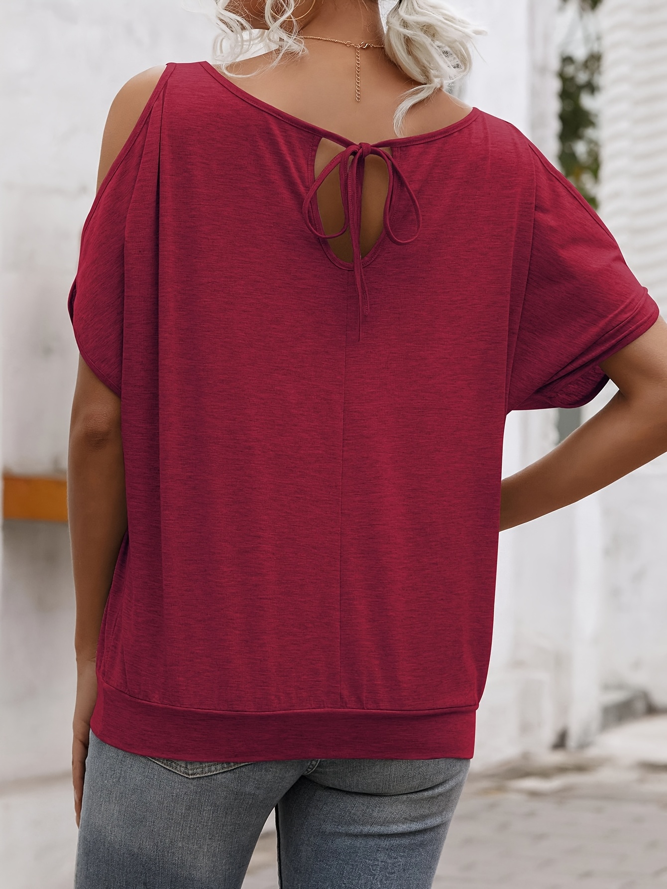 Women'S Light Blue Casual Crew Neck Short Sleeve T-Shirt with Tie-Back Detail - Soft Polyester Summer Top for Casual Attire, Ladies T Shirts