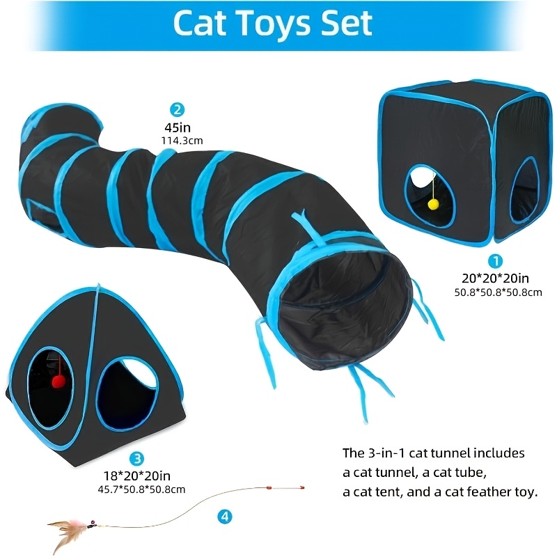 Cat Tunnel with Tent Cube & Feather Toy Combo for Indoor Cats