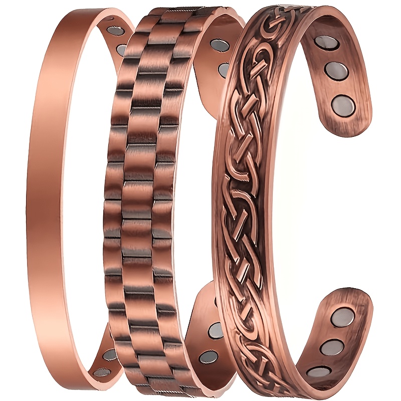 TEMU 3pcs Set: Smooth + Curved + Viking Copper Alloy Magnetic Adjustable Open Bangle Bracelet, Unisex - Adjustable Opening, Exquisite Gift