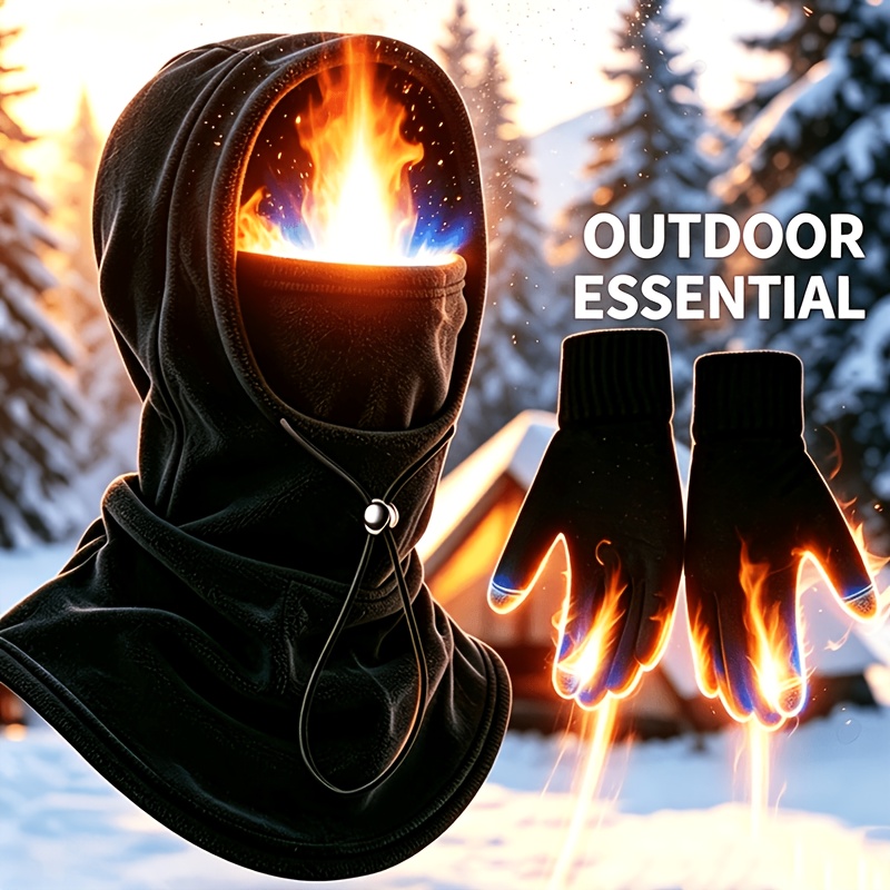 TEMU 2pcs Set: Winter Warm Hat, Integrated Headwear, Neck Warmer, And Thermal Gloves Combo For Outdoor Winter