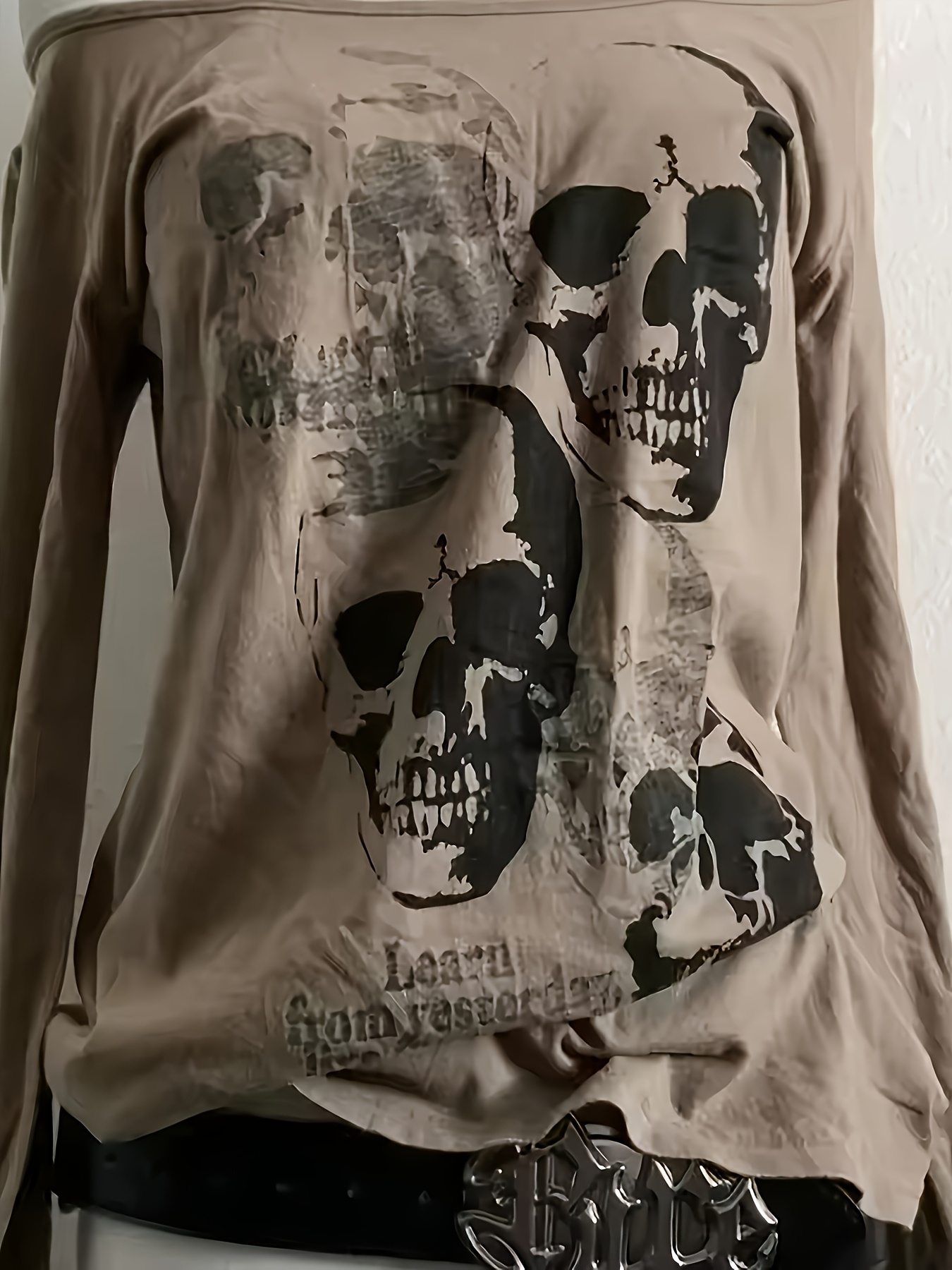 y2k gothic skull print shoulder long sleeve t shirt women