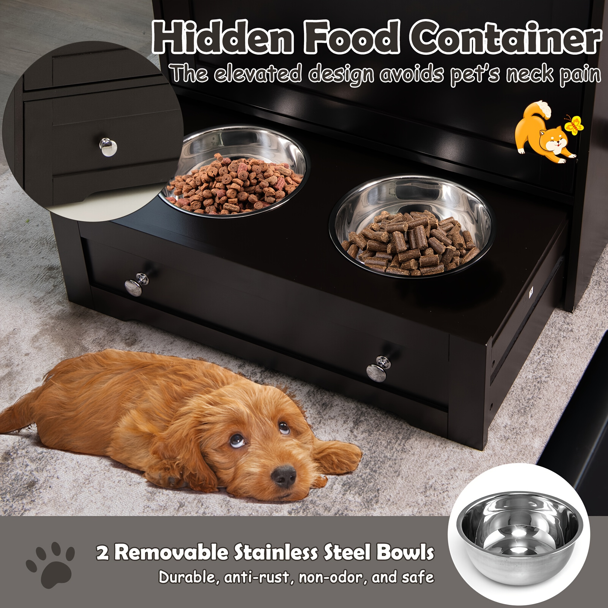 

Pet Feeding Station / Double Pull Bowl Food Cabinet Coffee