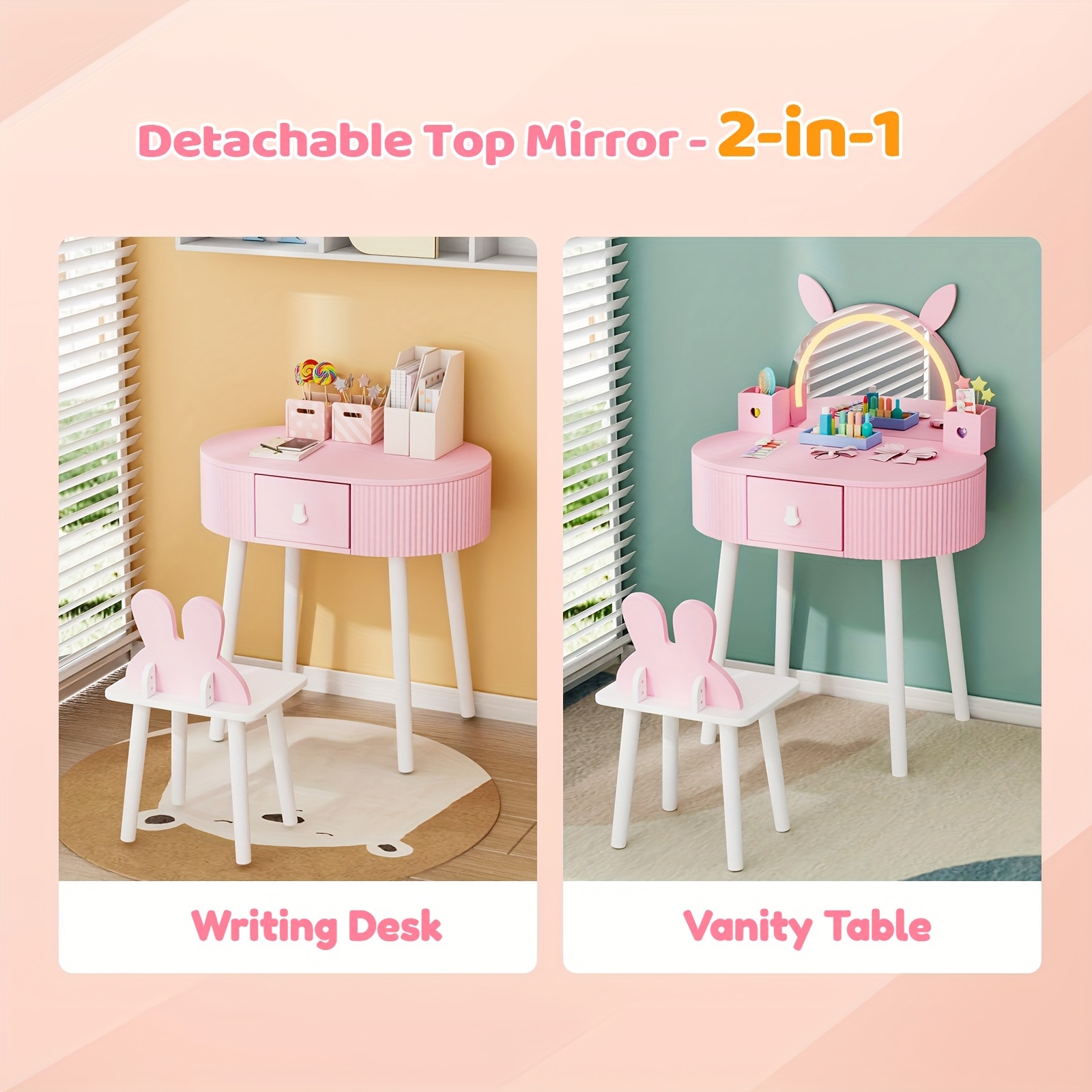 JOYMOR Kids Vanity Set with LED Lights, Girls Vanity Set, with Touch Screen, 3 Colors Adjustment, Solid Wood Leg, Large Drawer, 2 Storage Boxes, Kids Vanity Table and Chair Set, Birthday/Festival Gift for Girls, Animal Style