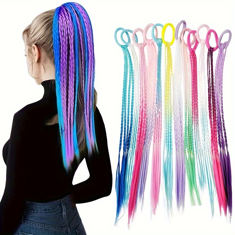 

12 Sets/sets Braided Wig Ponytail Colorful Pigtails 16 Inches Rubber Band Braids Gradient Color Party Hair Accessories Colorful Ladies Daily Casual Wig Pigtails