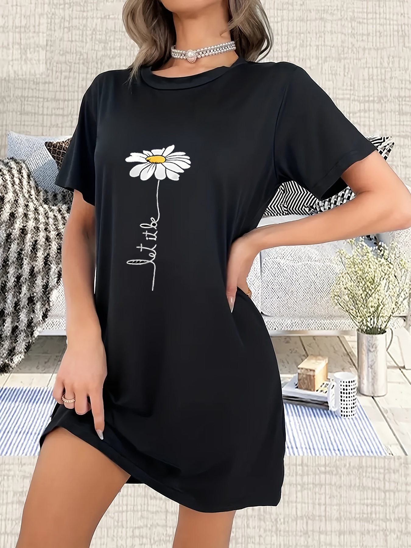 Sexy Lingerie Print T-Shirt, Solid Long Crew Neck Nightgown For Spring &  Summer, Women's Clothing