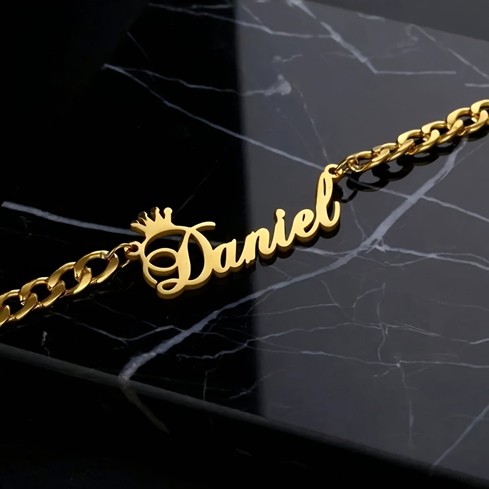 TEMU Personalized Minimalist Crown Name Pendant Necklace For Men, Plated With 18k Gold Plated, Customizable With English Names, Bohemian Style, For