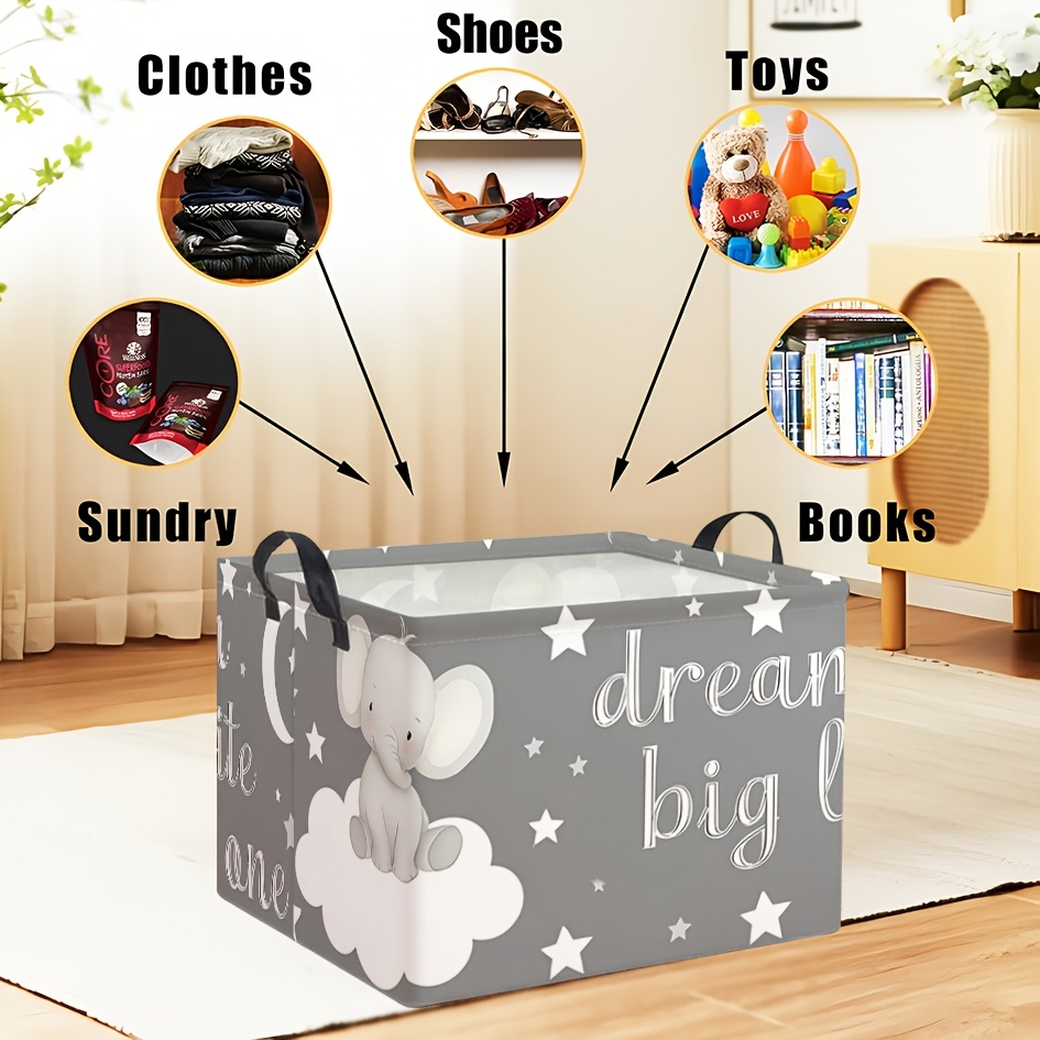 Grey Bottom Cloud Elephant Star Text Printed Storage Basket