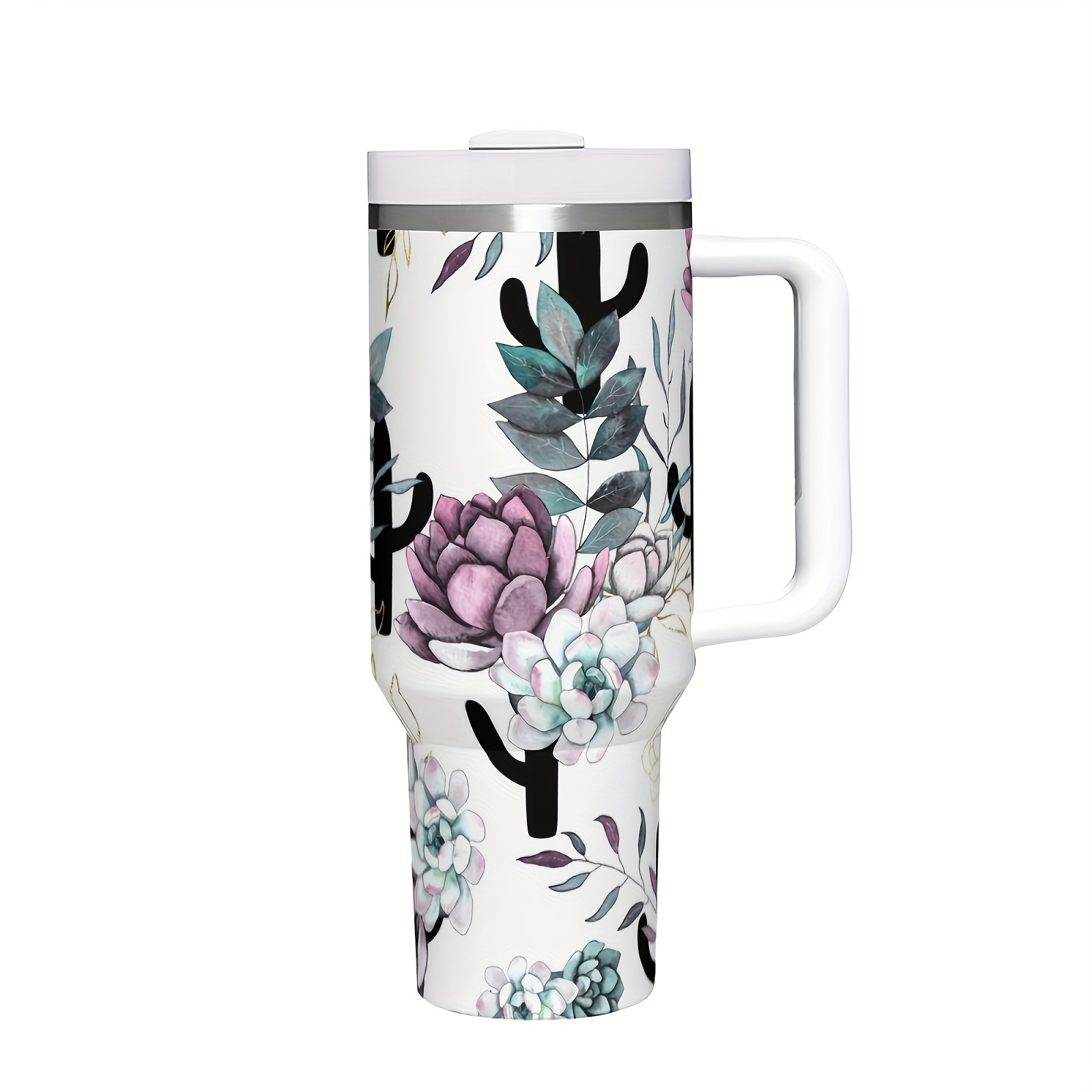 

1pc Cactus Floral 40 Oz Tumbler With Handle, 304 Stainless Steel Insulated Coffee Mug, Leak-proof Lid & Straw, Ergonomic Anti Slip Design, Ideal Gift For Adults 14+ - Hand Wash Only