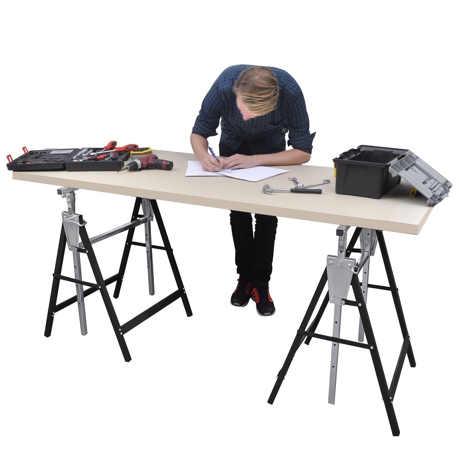Image of Blue/black Telescopic Work Stand, 2pcs Set, 80-130cm, Load Capacity 200kg | Workbench, Height-adjustable, Foldable And Non-slip, Suitable For Painting, Construction, Gardening, And Workshop Use