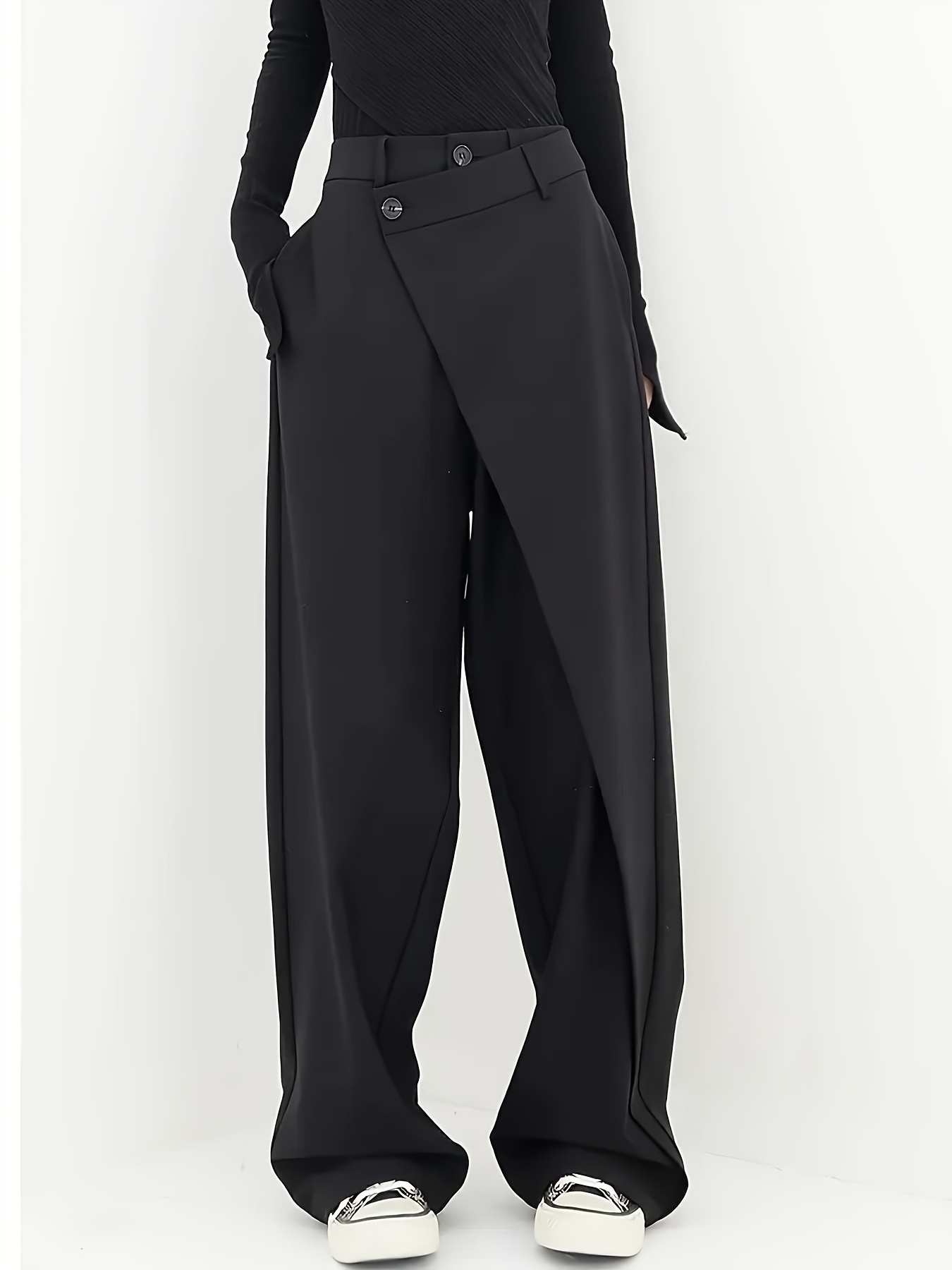 womens high waisted wide leg pants elegant loose fit straight leg trousers with button closure   color machine washable for spring summer casual formal wear spring attire formal trousers highwaisted design detailed pockets smooth fabric
