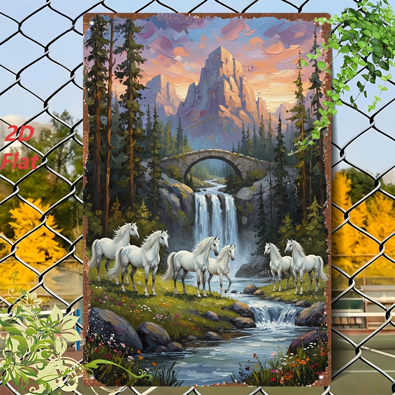 1pc of vintage tin decorative painting, seven white horses by the stream waterfall, metal sign, metal poster, indoor hanging decoration, suitable for living room decoration, bedroom background wall, office embellishment, entrance arrangement