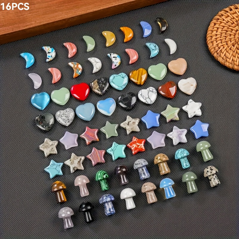 TEMU 16pcs Crystal Mushroom Sculptures Heart-shaped Star Shaped Synthetic Gemstones, Handcrafted Palm Thumb