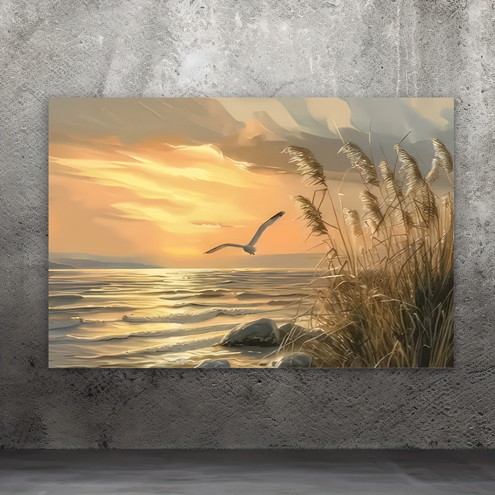 Image of 2d Flat, 1pc 2d Flat Canvas Wall Art Beach Sunset With Flying Horizontal Classic Coastal Painting For Living Room Decor Perfect Gift For Birthdays Mother's Day Father's Day Valentine's Day, 2d Flat