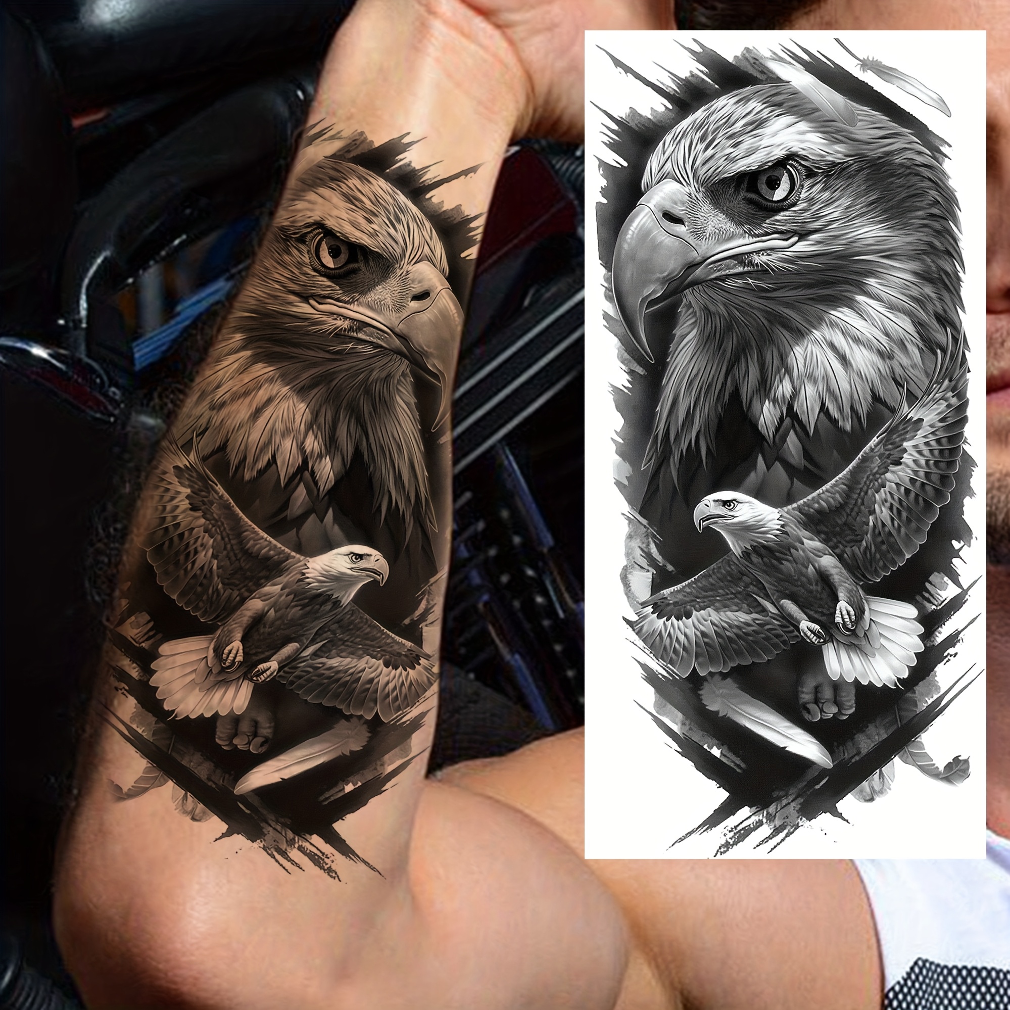 1 Sheet Bald Eagle Temporary Tattoos For Women Men Arm Thigh Legs, Waterproof Realistic Fake Tattoo Stickers, Long Lasting Temp Bulk Half Arm Sleeve Tattoos For Adults