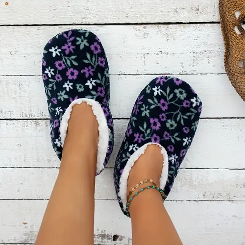 unisex winter plush fleece slip on slippers with floral pattern soft fabric indoor house shoes warm for men women