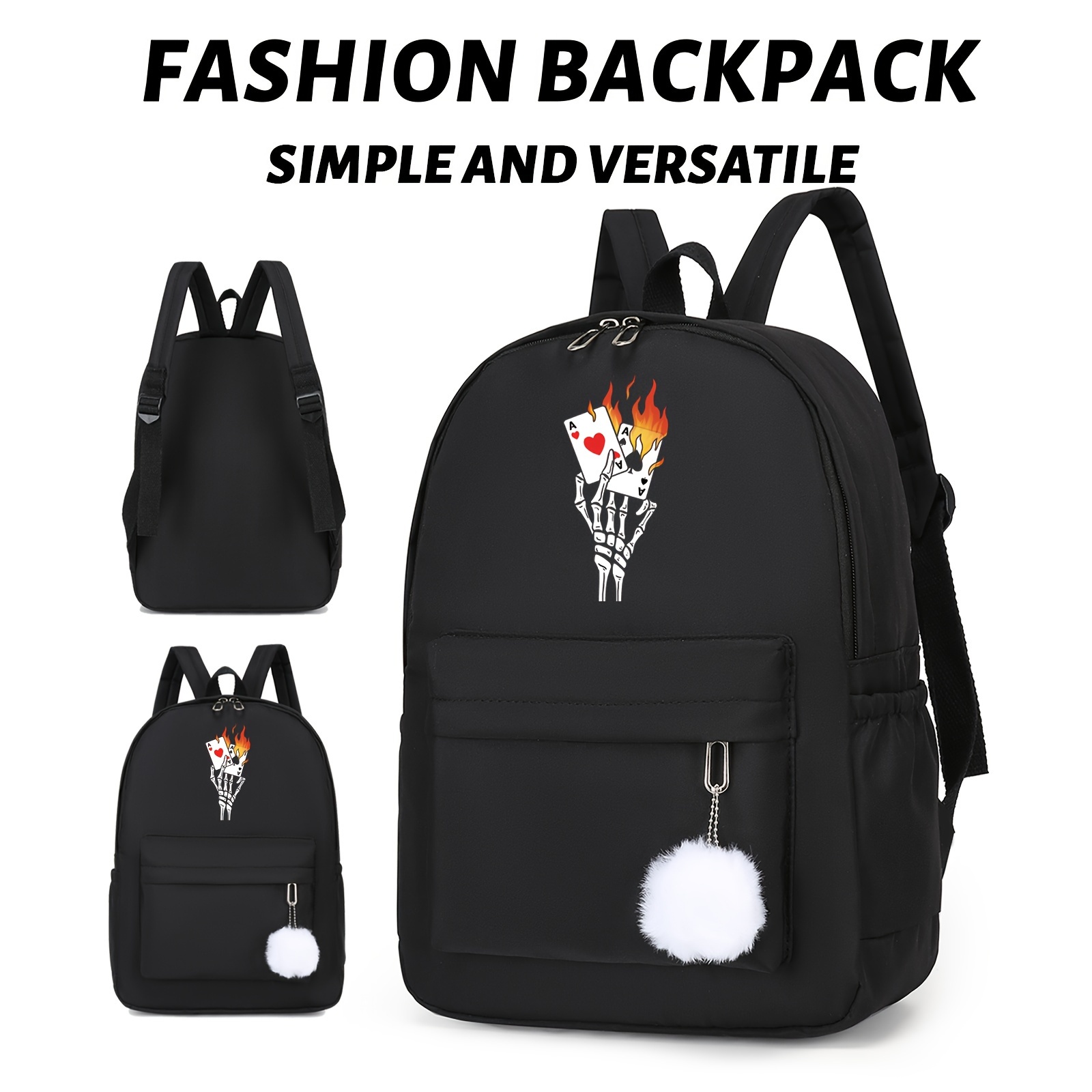 

Skull Card Print Stylish And Versatile Black Backpack, Perfect For Travel With Its Large Capacity, Multi Functional Backpack, Suitable For Women And Men, Can Be Used For Various Purposes