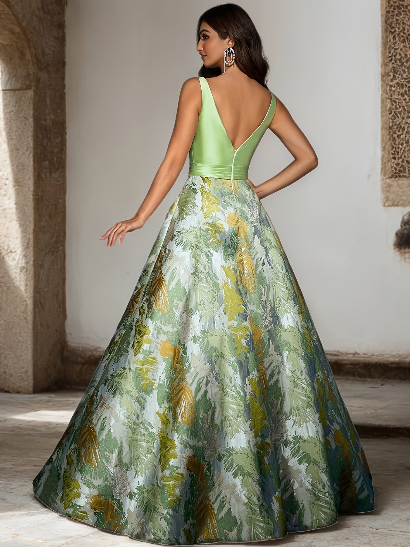 elegant v neck print jacquard evening gown line long dress