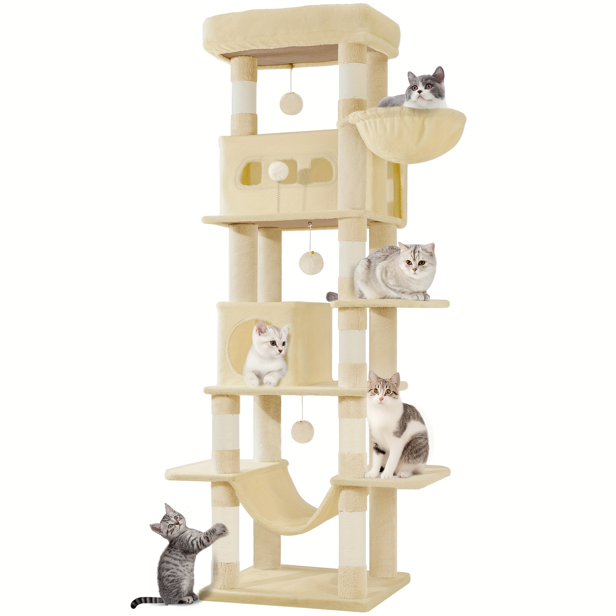 E-shop Hoher Katzenbaum, 170 cm hoch, mit 8 Kratzstämmen, 2 Verstecken, geräumigen Plattformen, einer waschbaren Matte, einer Hängematte, Plüschbällen