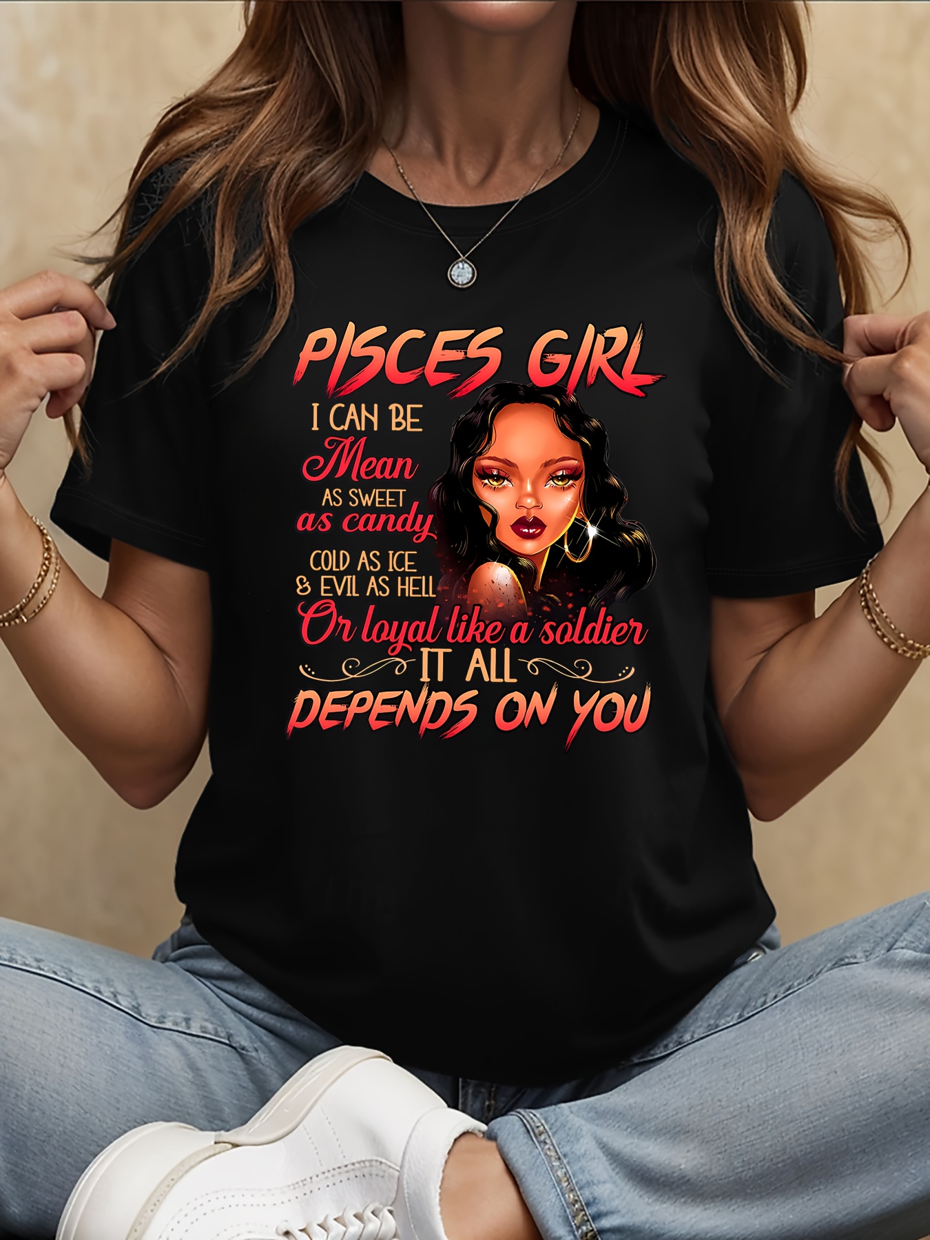 pisces print t shirt short sleeve crew neck casual top for   womens clothing black 0