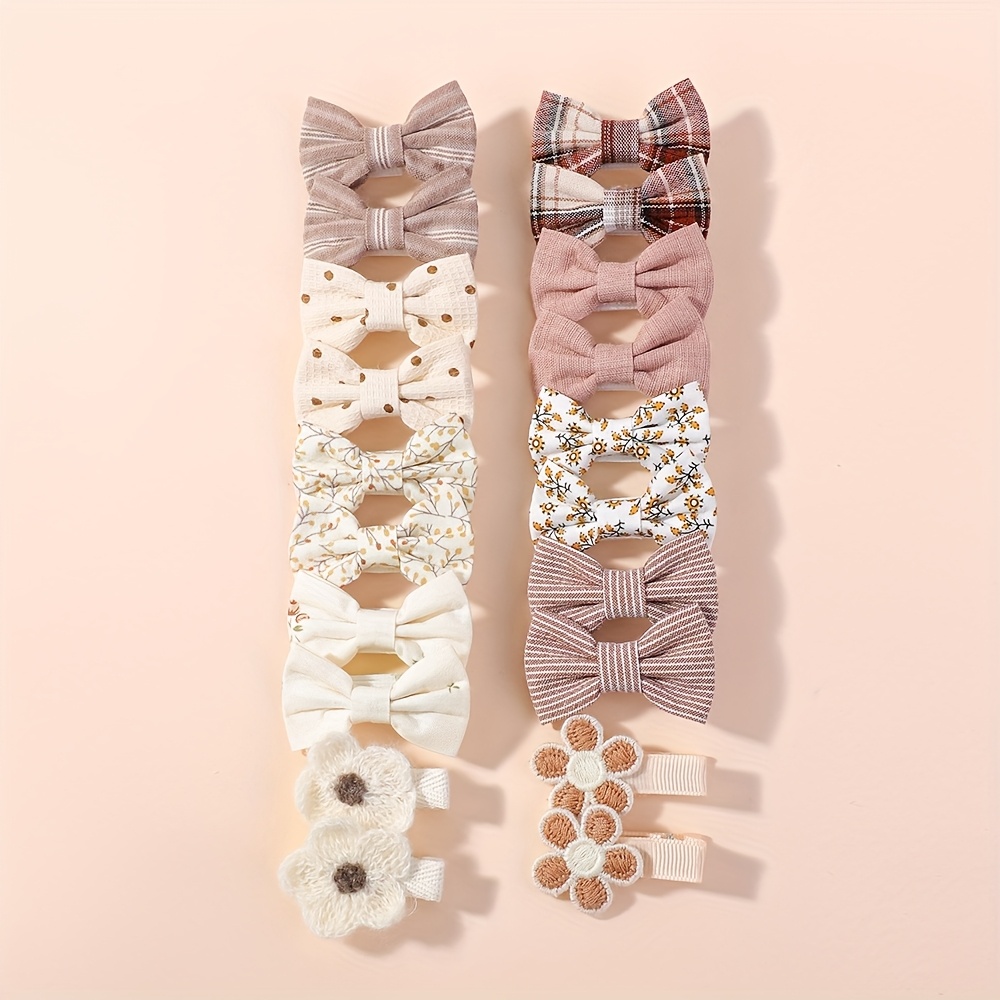 Image of 20pcs Pastoral Style Mini Cute Bow Hair Clip Set - Assorted Fabric Knot Print, Polyester And Iron, Ideal For School Return