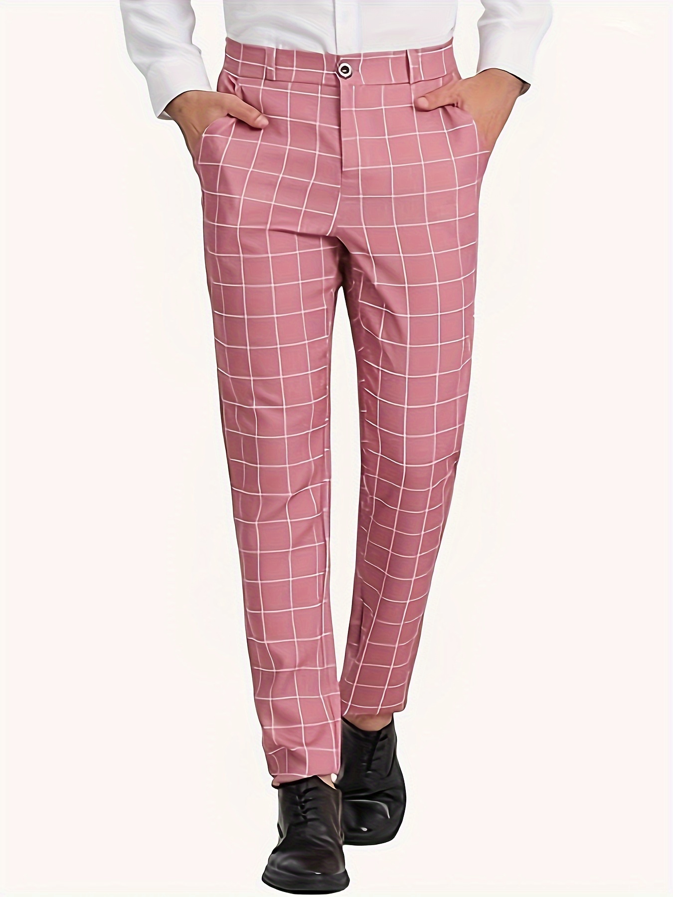 Classic Plaid Design Dress Pants *'s Formal Slightly Stretch Dress Pants  For Business Occasions