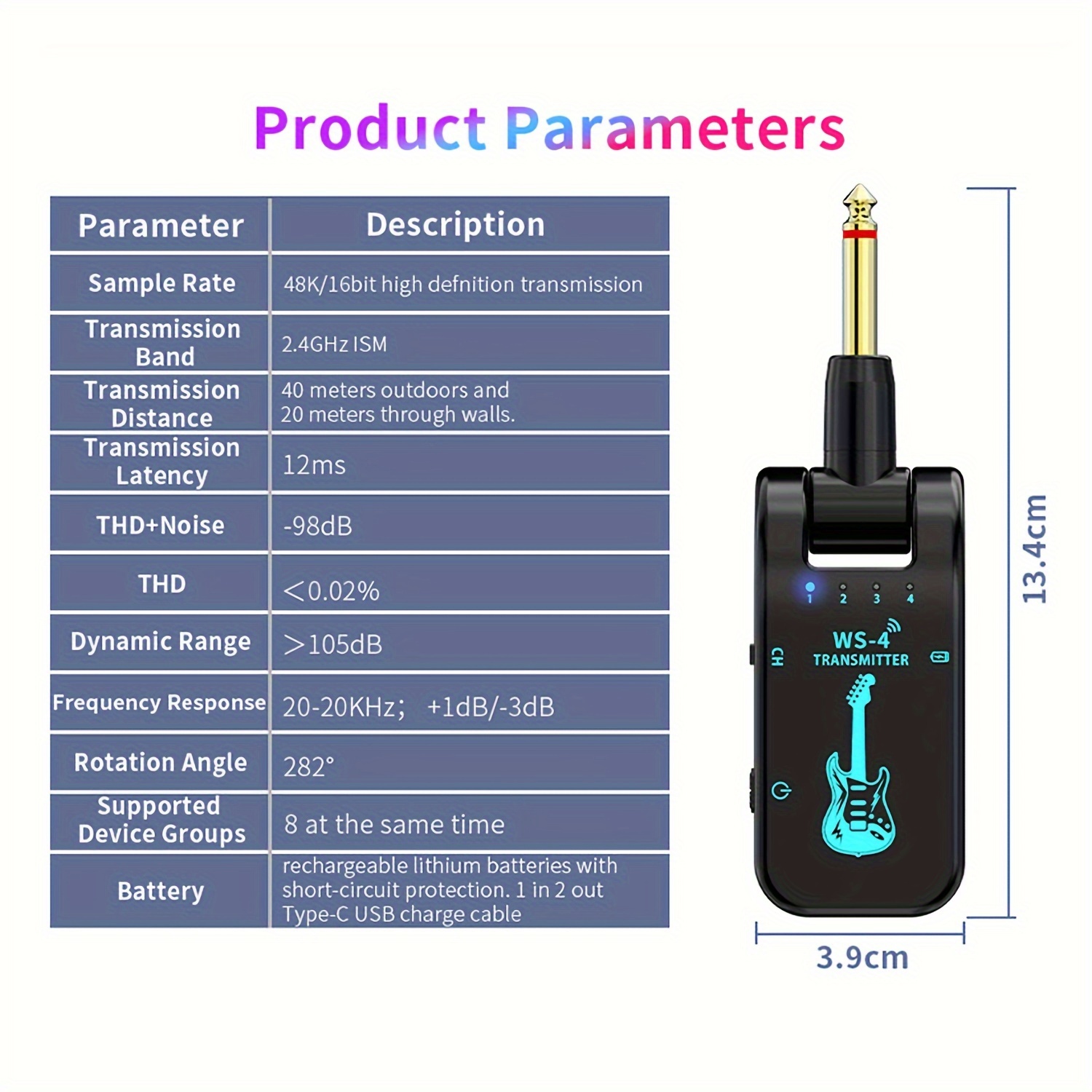 2.4GHz Wireless Guitar System with Rechargeable Battery - High-Quality Chip, 10-Hour Playtime, Auto Pairing for Electric Guitars, Basses & More - Black, Wireless Guitar Transmitter