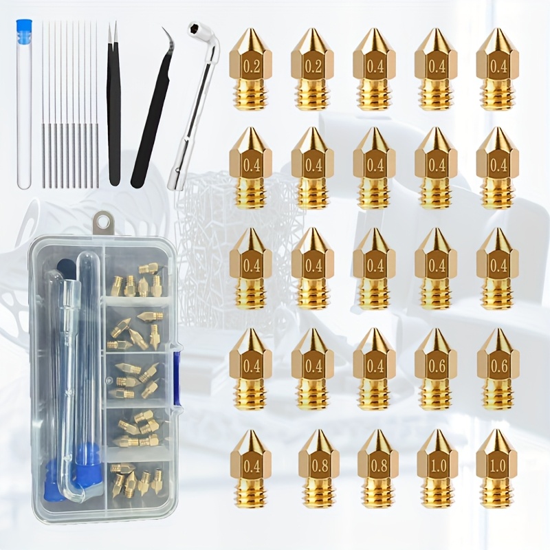 E-shop 25 MK8 Düsen inklusive 3D-Drucker-Extruder-Düsen 0,2 mm 2 Stück, 0,4 mm 17 Stück, 0,6 mm 2 Stück, 0,8 mm 2 Stück, 1,0 mm 2 Stück, 3D-Drucker