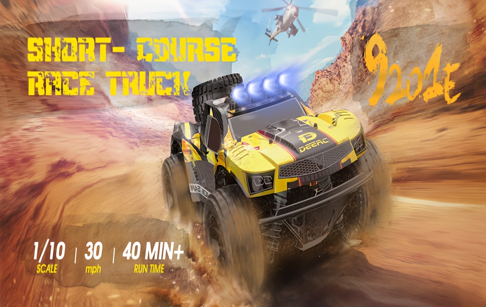 DEERC 9201E 1:10 Large Remote Control Truck With Lights, Fast Short Course RC Car, 48 Km/h 4x4 Off-Road Hobby Grade Toy Monster Crawler Electric Vehicle With 2 Rechargeable Batteries For Adult Kid Boy