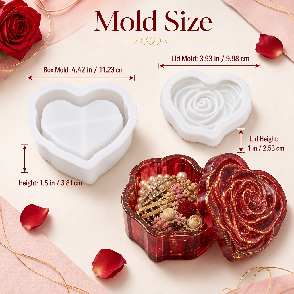 TEMU Heart Rose Resin Mold, Silicone Jewelry Box Mold For Epoxy Resin Casting, Keepsake Box Mold For Crafts, Trinket Holder, Home Decor Projects