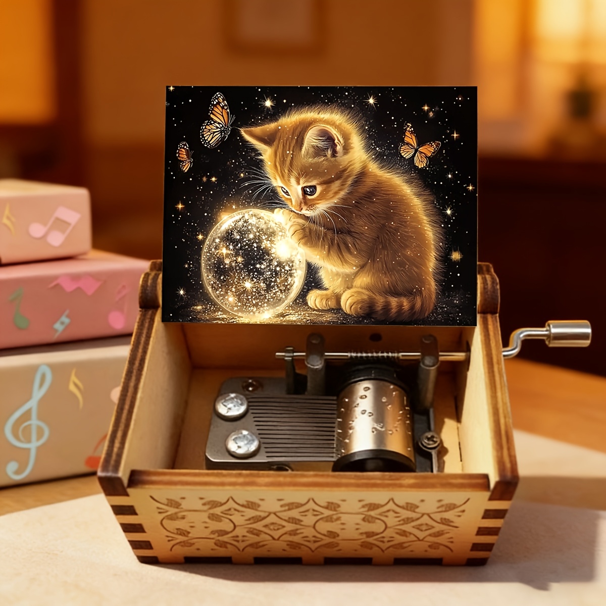 TEMU 1pc Hand-cranked Music Box With Cat & Starburst Crank Mechanism, Sparkling Melody Suitable For Birthdays, Decor, Room Gifts, Retro Musical Gift
