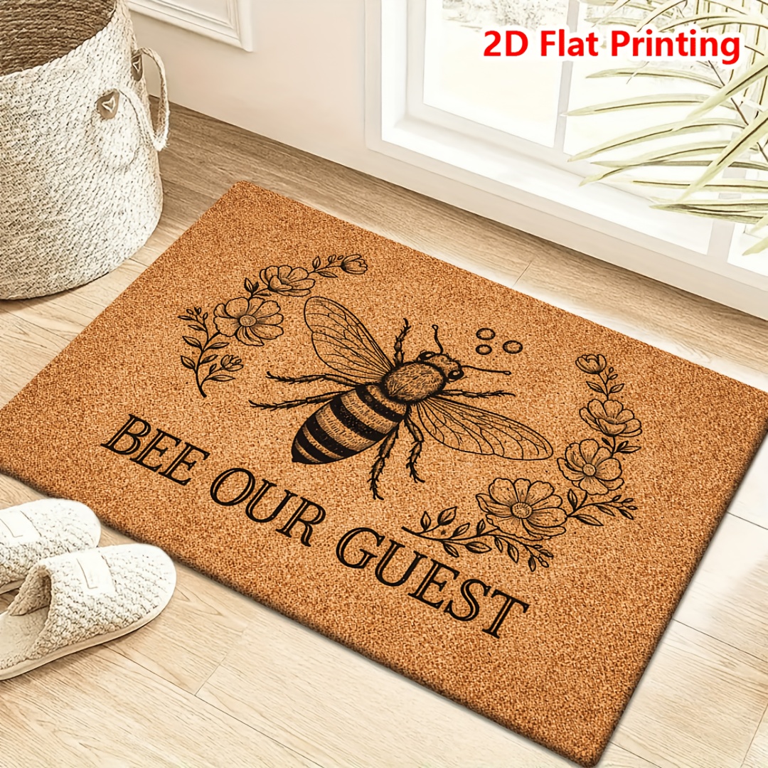 TEMU Flannel   1cm Thick Sponge Material Fun Doormat | Bee And Floral Pattern With "" Text Print, Suitable For Multiple Scenes Like Bedrooms,