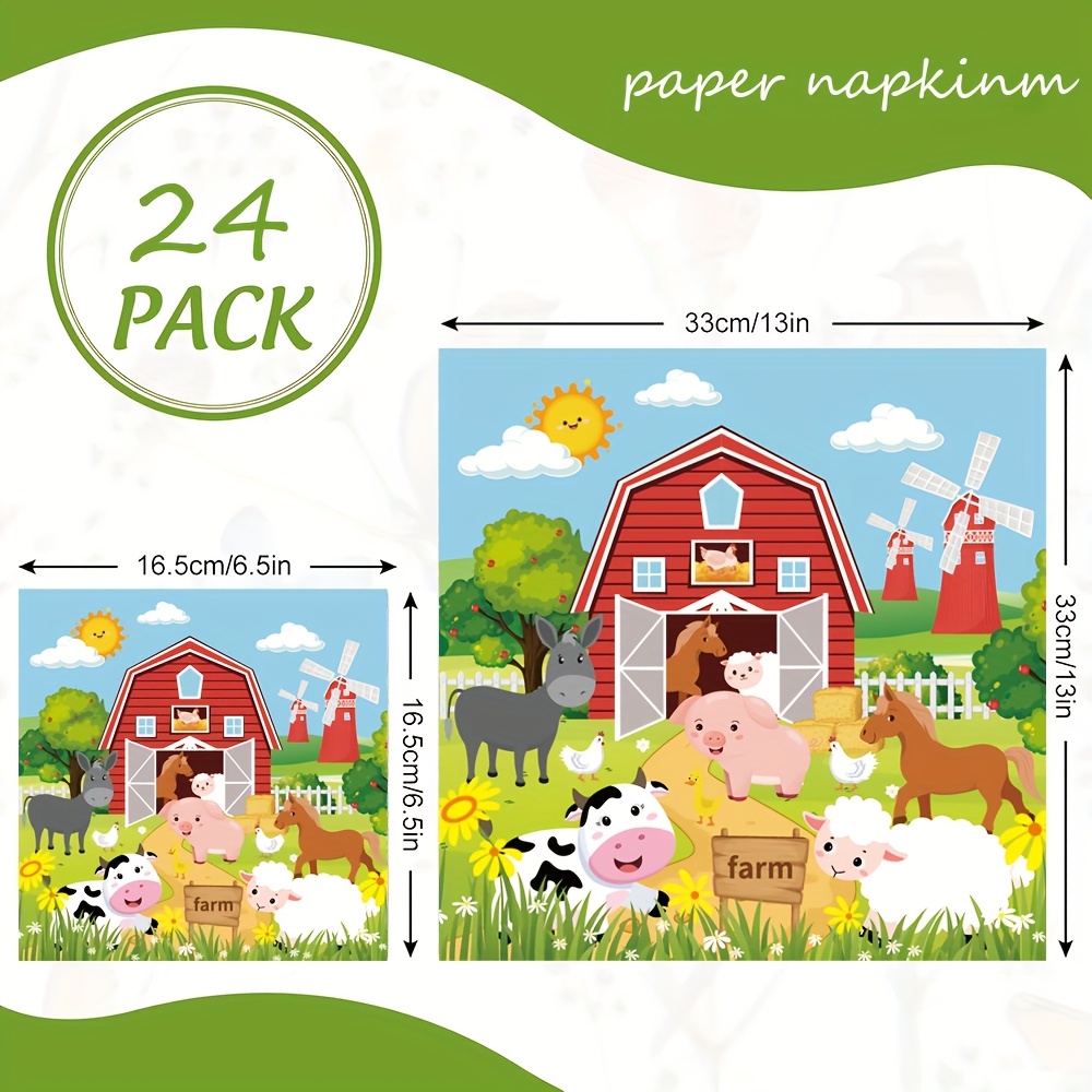 Image of 24pcs Farm Animal Party Napkins, Farm Animal Happy Birthday Paper Napkins, Farm Theme Party Decorations, ' Lunch Box Napkins