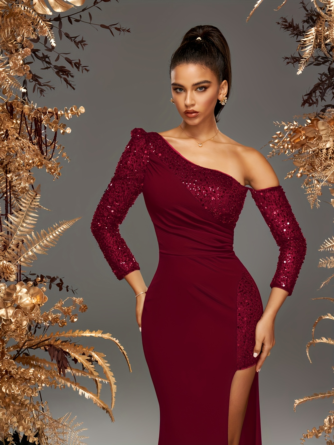 formal gown women in burgundy sequins featuring an shoulder