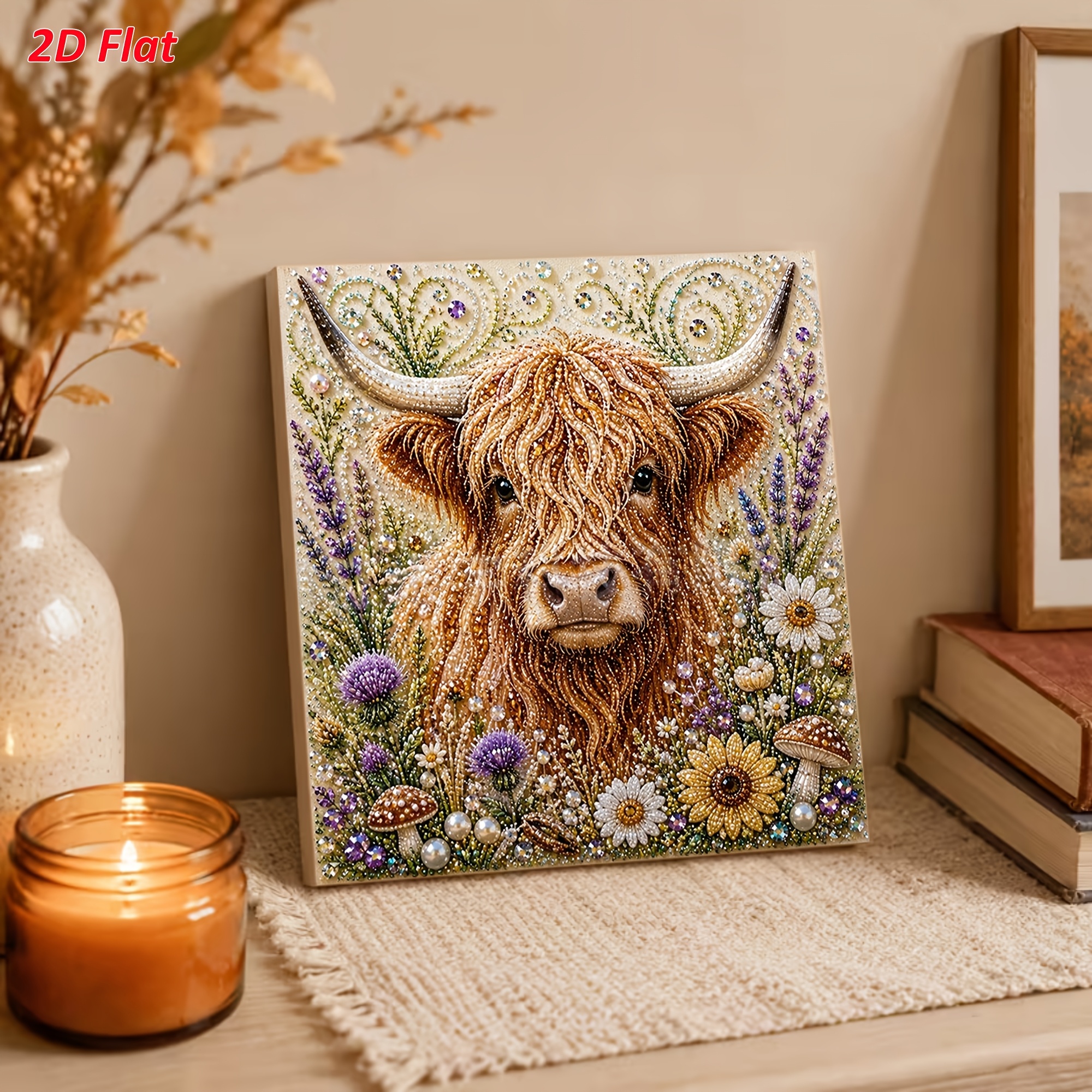 TEMU Diy Frameless Pearl Diamond Painting Kit, Highland Cow Theme, , 2d Flat Pre-printed Canvas, Beginner Stress-relief Craft, Rustic Country Style