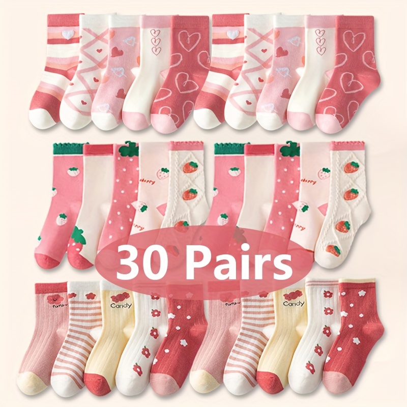 TEMU 30 Pairs Girls' Pink Heart And Strawberry Princess Mid-calf Socks | , Suitable 1-12, And Elastane, Hand Wash Only