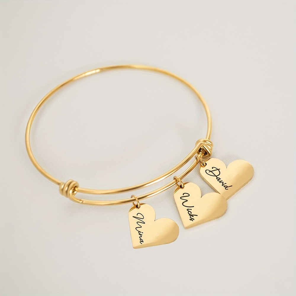 TEMU Custom Heart Pendant Stainless Steel Bracelet For Women, Personalized Bracelet With Customizable 1-4 Names, Custom Jewelry For Family Gifts,