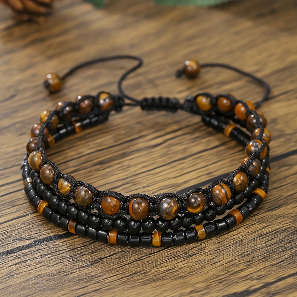 Image of Vintage-style Men's Tiger Eye Stone Woven Bracelet. Men's Jewelry Accessory, Suitable For Daily Wear, Holiday Gift Or Birthday Present For