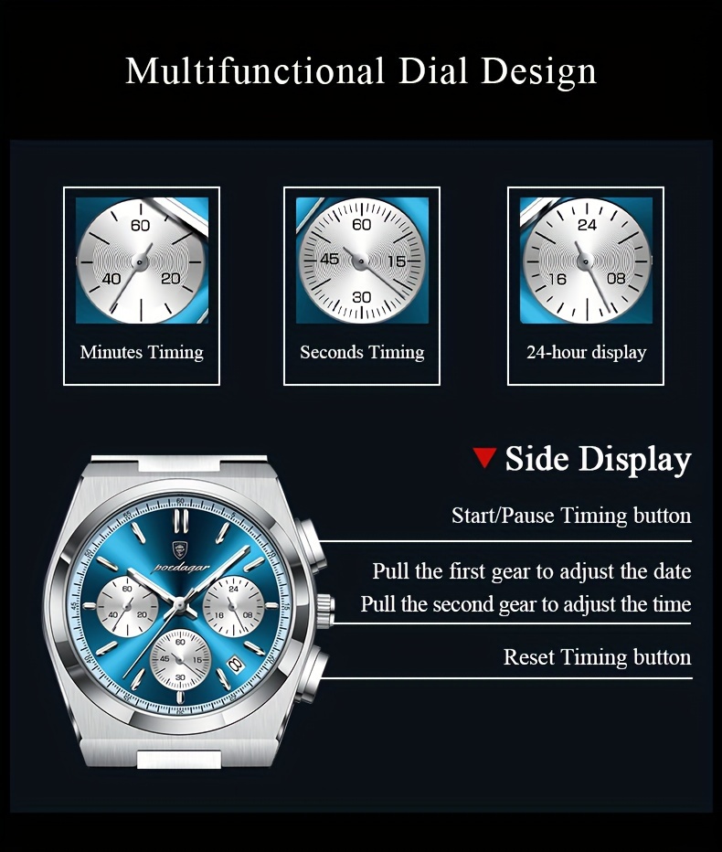 high end business luxury stainless steel quartz watch mens waterproof luminous calendar chronograph wristwatch details 6