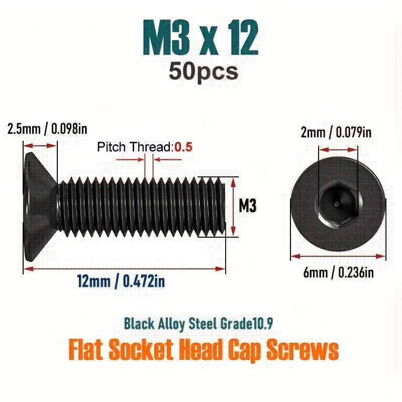 E-shop M3 Schwarze 10.9 Countersunk Sechskant Schrauben DIN7991