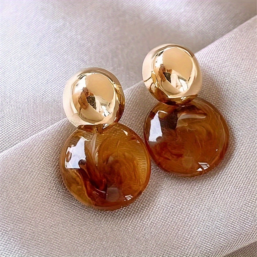 Boho Style 14K Golden Plated Copper Geometric Drop & Dangle Earrings for Women - Fashion Round Resin Textured Earrings, Stainless Steel Ear Needle, No Mosaic Material, Suitable for Party Occasions, All Seasons