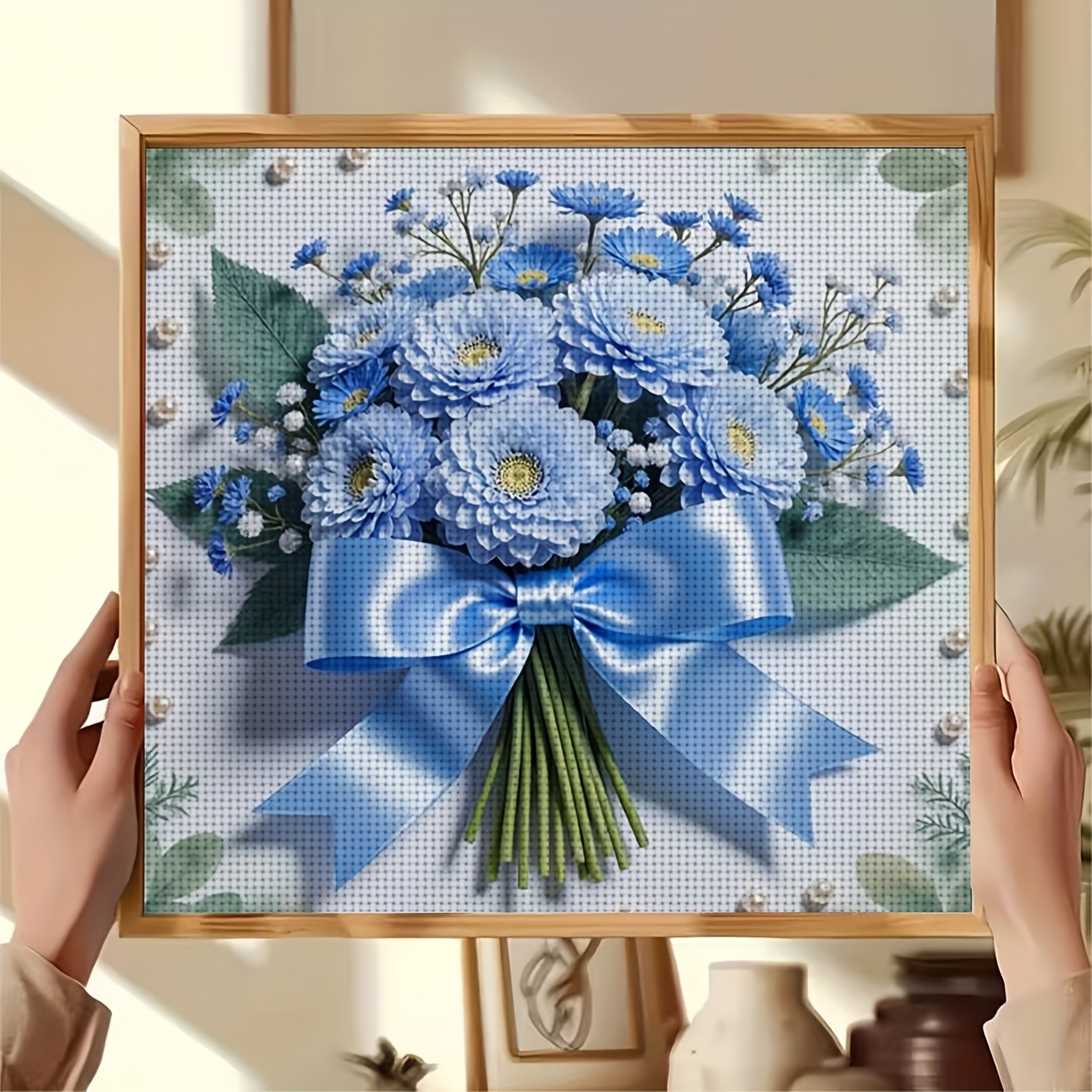 DIY Printed Cross Stitch Kit, Blue Flower Bouquet Pattern for Beginners